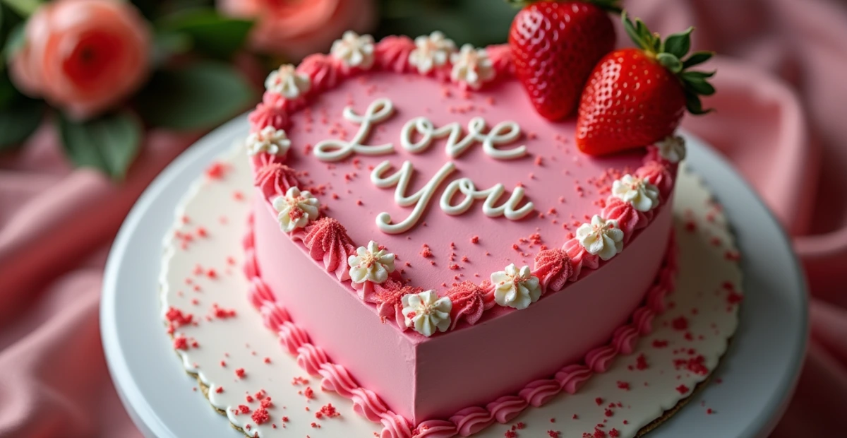A pink heart-shaped cake decorated with strawberries, cream flowers, and the words "Love You" written in white icing.