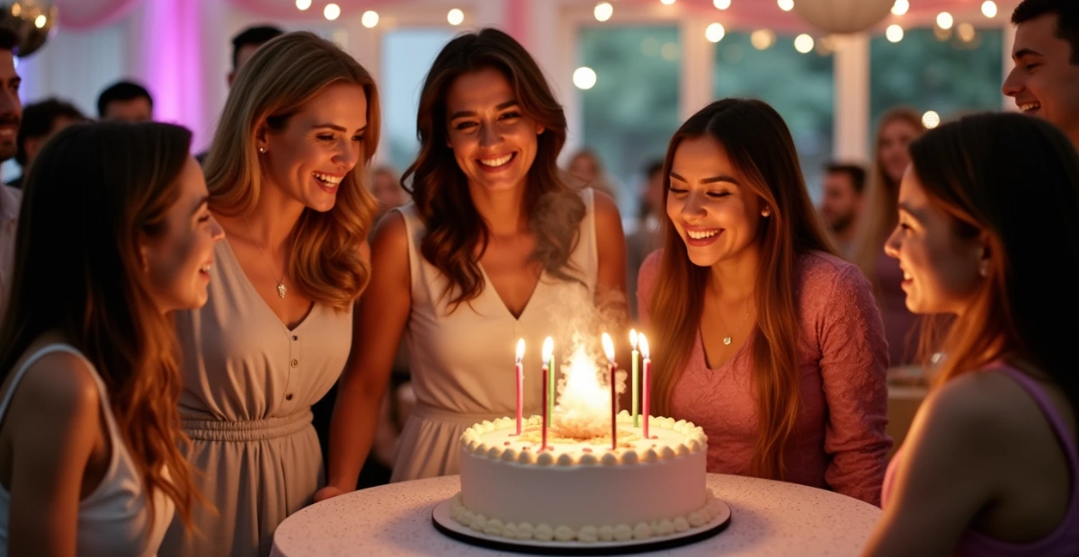 A group of women smiles and gathers around a cake adorned with lit candles at a festive event, with warm decorative lighting in the background.
