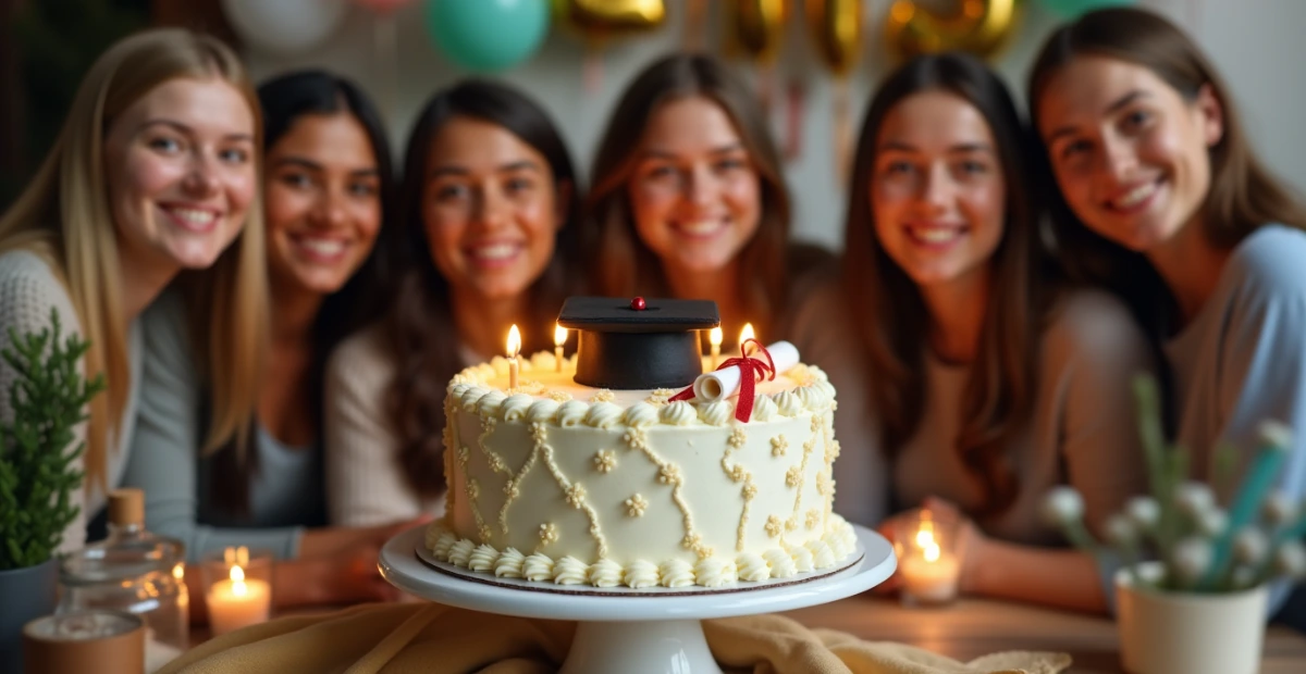 A group of smiling young women celebrating with a lit graduation cake in the foreground, decorated with a graduation cap and diploma.