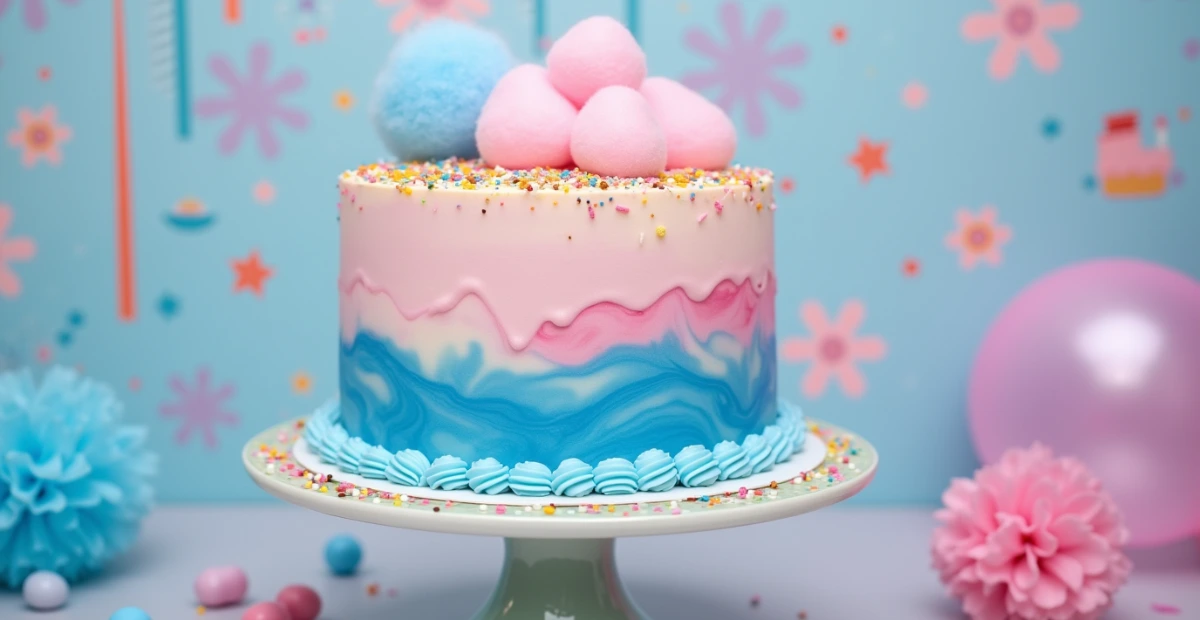 A colorful cotton candy cake decorated with pastel frosting, cotton candy, and sprinkles on a cake stand.