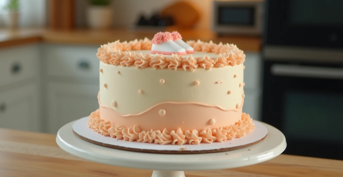 A beautifully decorated baby shower cake with soft peach and cream frosting, adorned with tiny ruffles and baby shoe toppers, displayed on a white cake stand in a cozy kitchen.