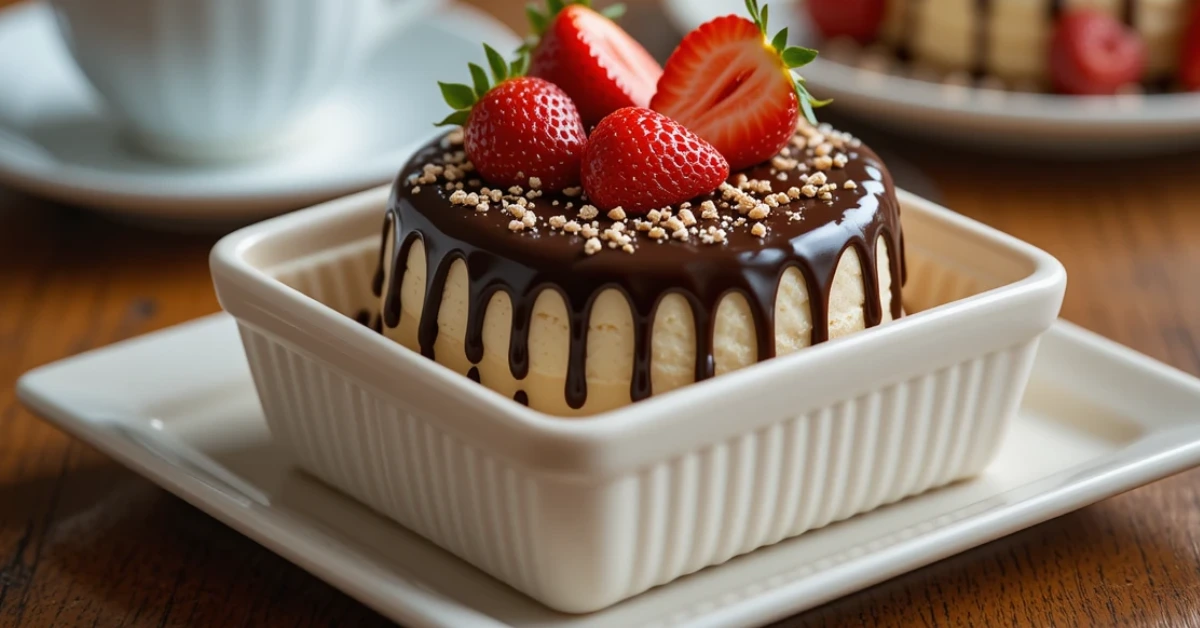 A beautifully decorated bento cake topped with fresh strawberries, chocolate drizzle, and crushed nuts, served in a square container on a white plate.