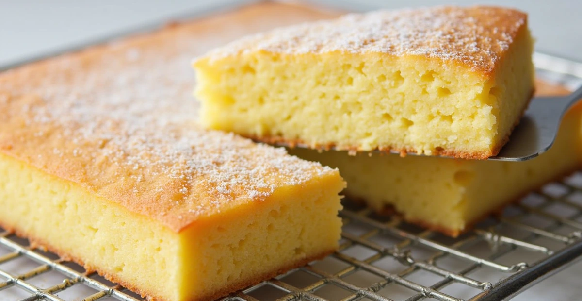 A freshly baked kefir sheet cake with a golden-brown crust, sliced and dusted lightly with powdered sugar, resting on a wire cooling rack.