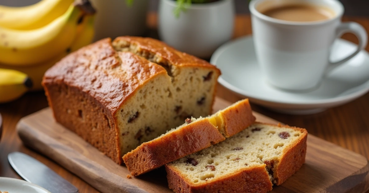 Freshly baked banana nut bread loaf with slices on a wooden board, accompanied by a cup of coffee and ripe bananas in the background.