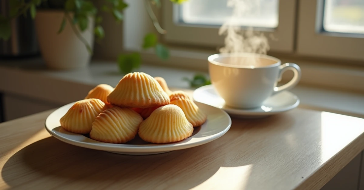 Freshly baked Madeline cookies recipe using cream on a plate with a steaming cup of tea, surrounded by soft sunlight.