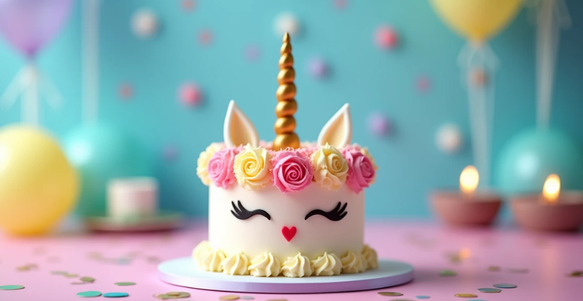 Beautiful unicorn cake decorated with pastel buttercream rosettes, a golden fondant horn, and delicate fondant ears, set on a pastel-colored table with festive balloons in the background.
