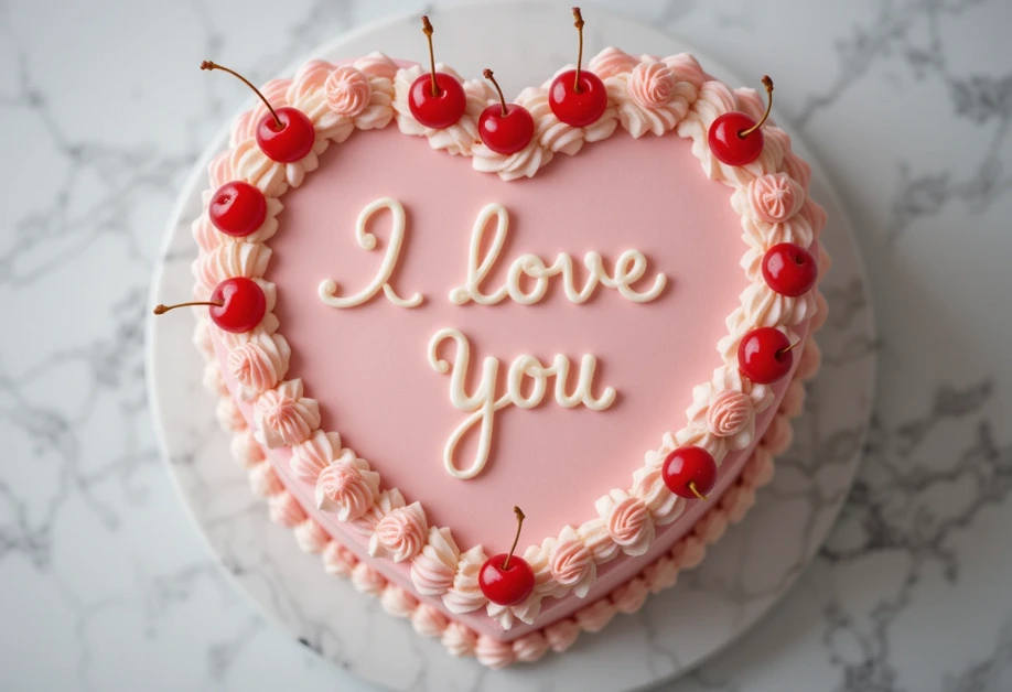 Vintage heart cake with pink frosting, "I love You" written in cream, and maraschino cherries on top.