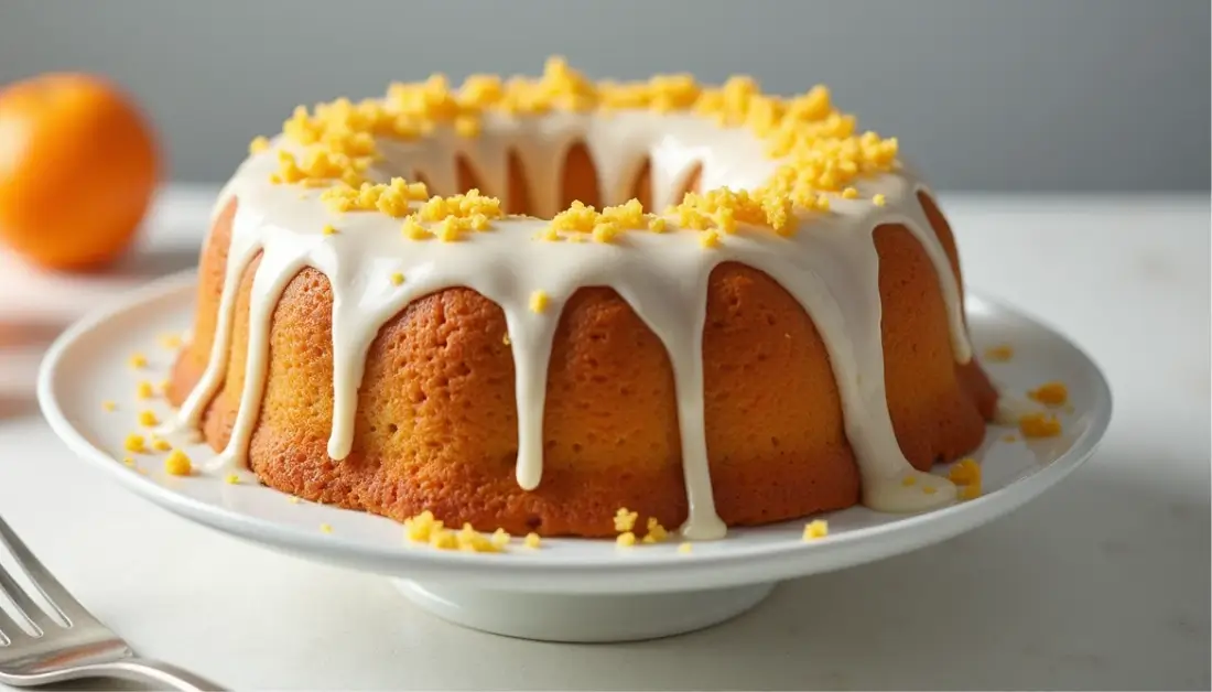 Italian Hangover Cake with a citrus glaze and orange zest topping on a white plate.