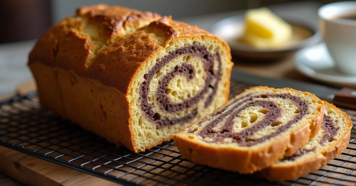 Freshly baked marble rye bread with a beautiful swirl, sliced and resting on a cooling rack.