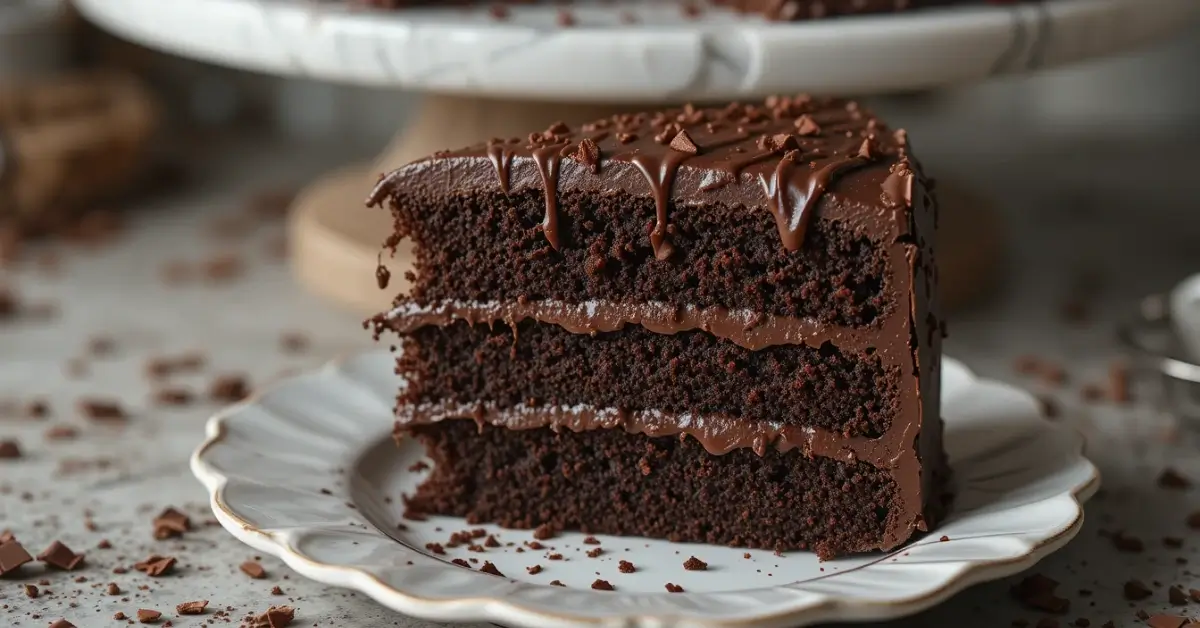 A slice of rich, layered Matilda chocolate cake with decadent chocolate frosting.
