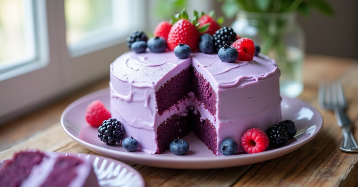A beautifully decorated purple velvet cake with smooth purple frosting, topped with fresh berries, including strawberries, blueberries, raspberries, and blackberries. A slice is cut out, revealing the rich purple cake layers inside.