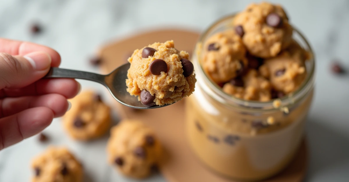 A spoonful of protein cookie dough with chocolate chips, held above a jar filled with more cookie dough.