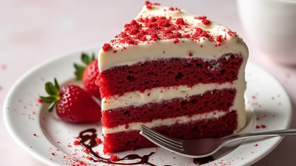 Slice of red velvet cake made with red velvet cake mix, cream cheese frosting, and fresh strawberries.