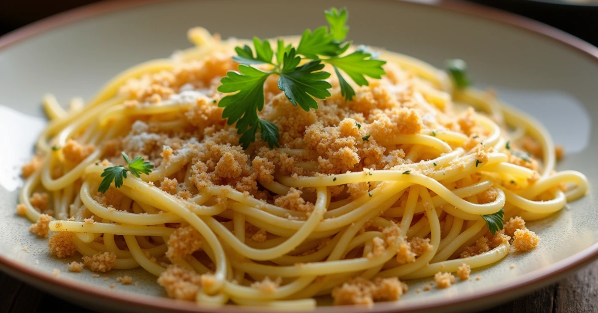 Plate of spaghetti topped with golden bread and crumbs and fresh parsley.
