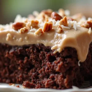 Close-up of a slice of German Chocolate Poke Cake with coconut pecan frosting and chopped pecans.