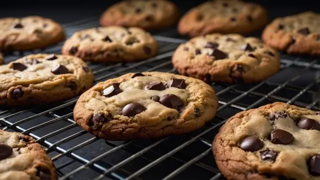 Freshly baked Crumbl cookies cooling on a wire rack.