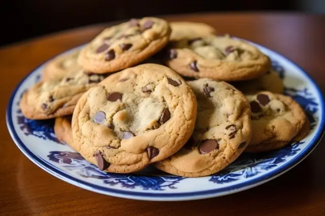 A plate of freshly baked Crumbl chocolate chip cookies.