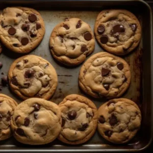 A tray of freshly baked Crumbl cookies with chocolate chips.