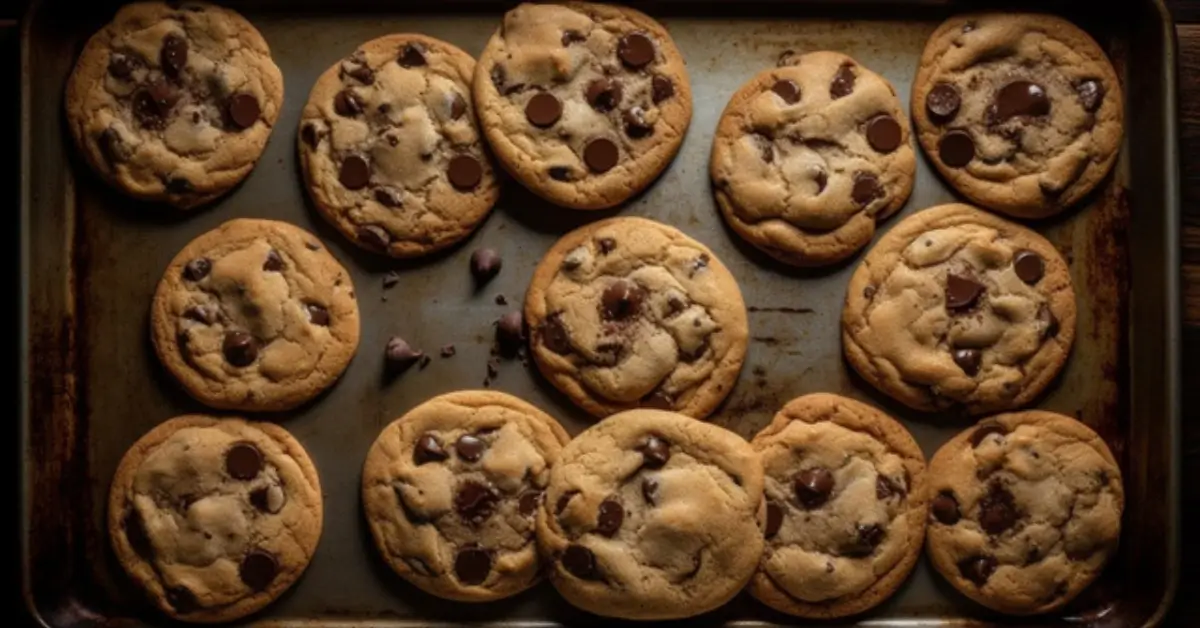 Crumbl Cookie Recipe - freshly baked chocolate chip cookies on a baking sheet.