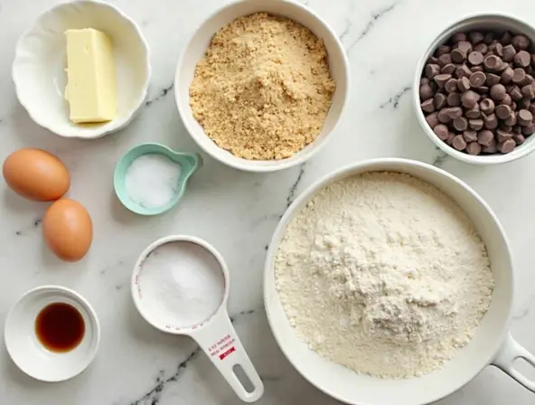 Ingredients for Crumbl Cookie Recipe laid out on a marble countertop.