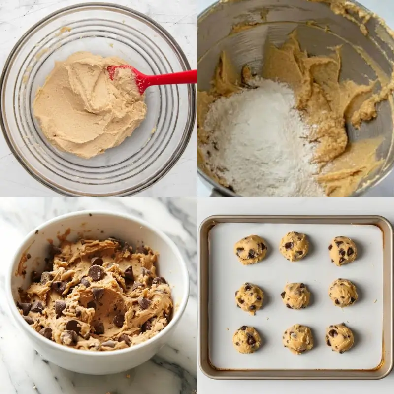 Steps of making Crumbl cookie dough, from mixing to forming dough balls.