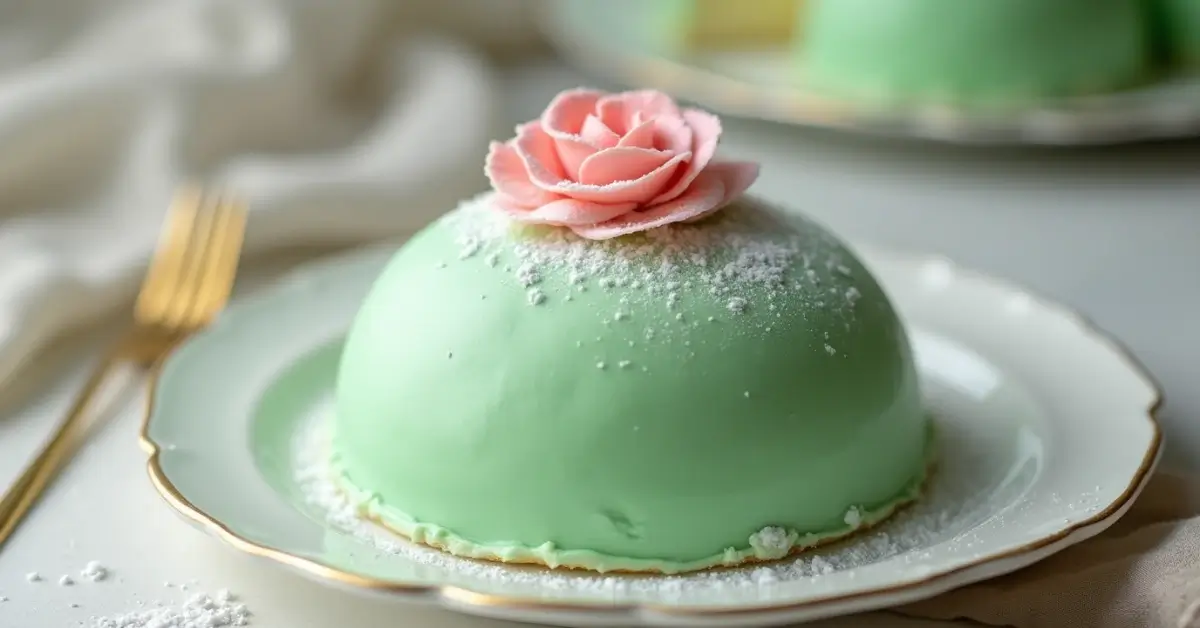 A beautifully decorated Princess Cake with a soft green marzipan dome and a pink rose on top, dusted with powdered sugar.