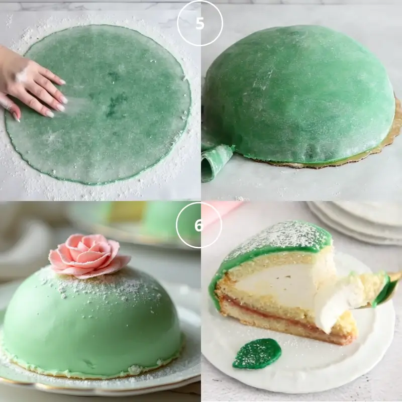 Covering the Princess Cake with marzipan and decorating it with a pink rose, followed by a slice showing the layers inside.