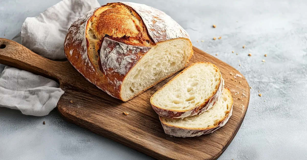 Freshly baked batard bread with a crispy crust, sliced on a wooden cutting board.