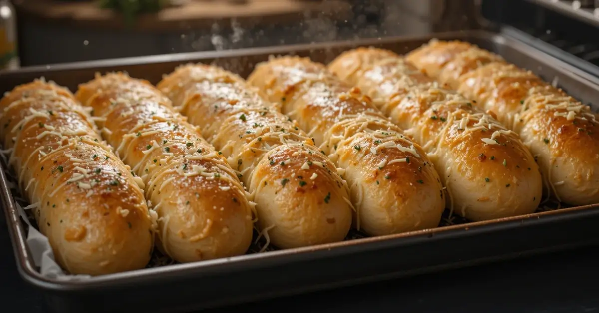 Freshly baked Italian herb and cheese bread rolls, topped with melted cheese and herbs, arranged on a baking tray.