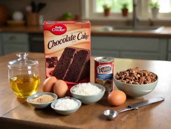 Ingredients for German Chocolate Poke Cake, including chocolate cake mix, eggs, oil, shredded coconut, brown sugar, pecans, and sweetened condensed milk.