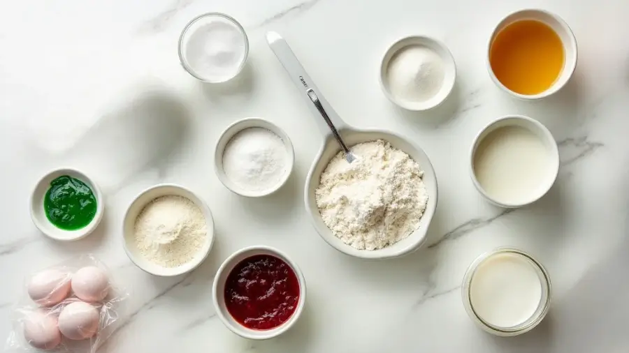 Ingredients laid out for Princess Cake preparation, including flour, sugar, eggs, milk, and raspberry jam.