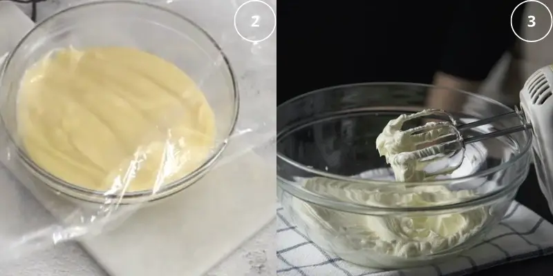 Preparing the custard filling and whipping the cream for Princess Cake, with the custard covered and the whipped cream in a mixing bowl.