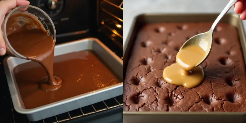 Pouring chocolate cake batter into a pan on the left, and spreading sweetened condensed milk over a baked cake on the right.