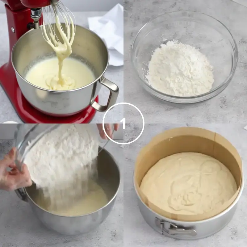 The process of mixing and preparing the batter for Princess Cake, including whipping the eggs and sugar, sifting the flour, and pouring the batter into the pan.