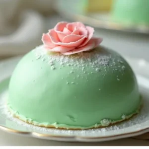 A close-up of a Princess Cake with a smooth green marzipan dome, topped with a pink marzipan rose and dusted with powdered sugar.