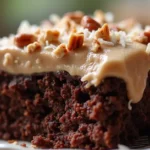 Close-up of a slice of German Chocolate Poke Cake with coconut pecan frosting, topped with chopped pecans and shredded coconut.
