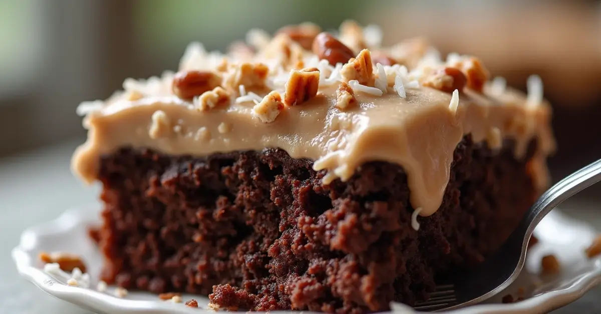Close-up of a slice of German Chocolate Poke Cake with coconut pecan frosting, topped with chopped pecans and shredded coconut.