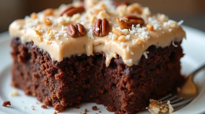 A slice of German Chocolate Poke Cake topped with coconut pecan frosting, garnished with chopped pecans and shredded coconut.
