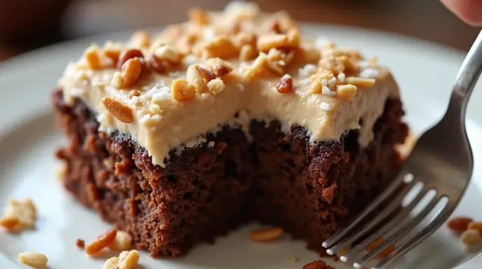 A close-up of a slice of German Chocolate Poke Cake topped with coconut pecan frosting, garnished with chopped pecans and shredded coconut.