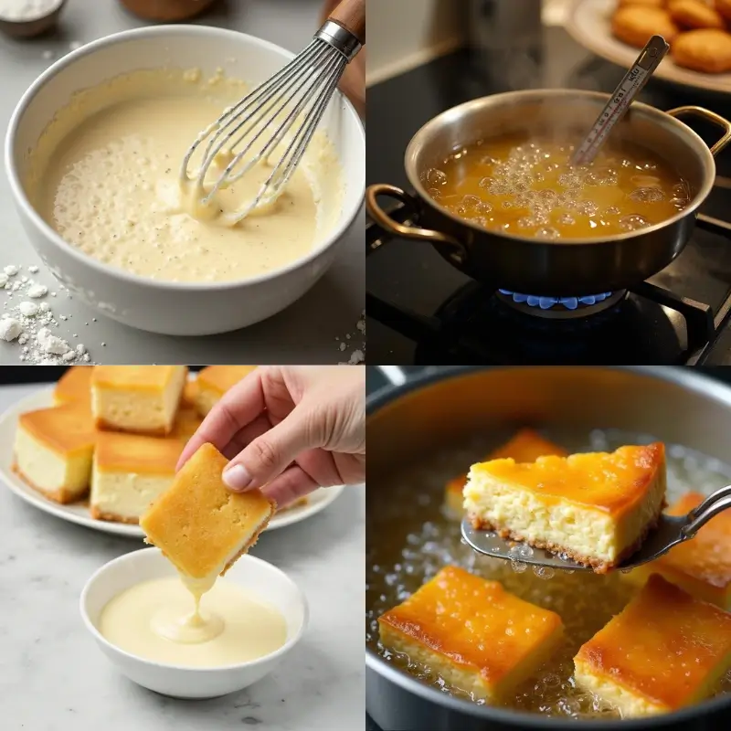 Step-by-step process of making tempura cheesecake, including whisking the batter, frying the cheesecake, and serving.