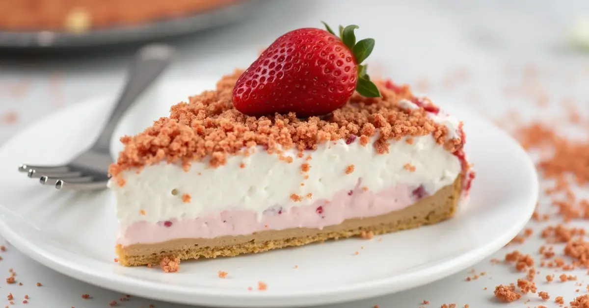 Slice of strawberry crunch cheesecake with a fresh strawberry on top and a golden crumb topping.