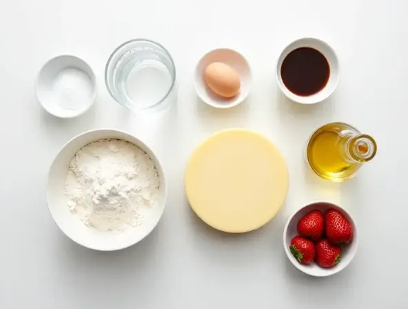 Ingredients for tempura cheesecake including flour, egg, water, cheesecake, oil, strawberries, and vanilla extract.