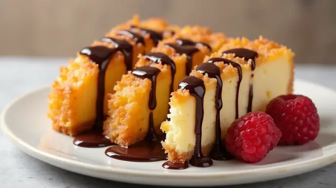 Tempura cheesecake slices with chocolate drizzle and fresh raspberries.