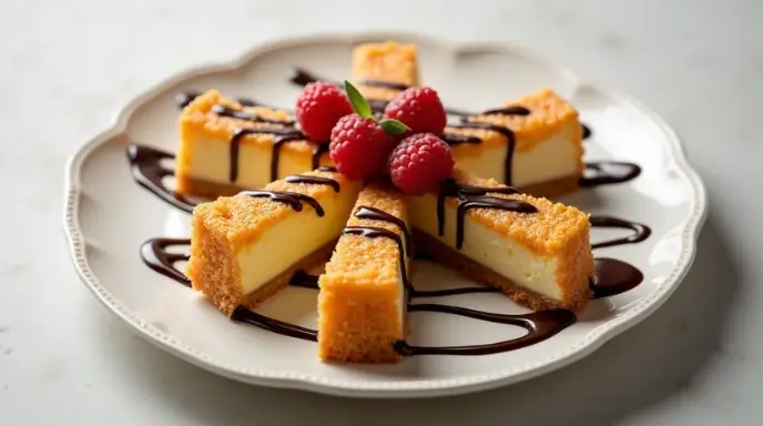 Tempura cheesecake slices drizzled with chocolate sauce and garnished with fresh raspberries.