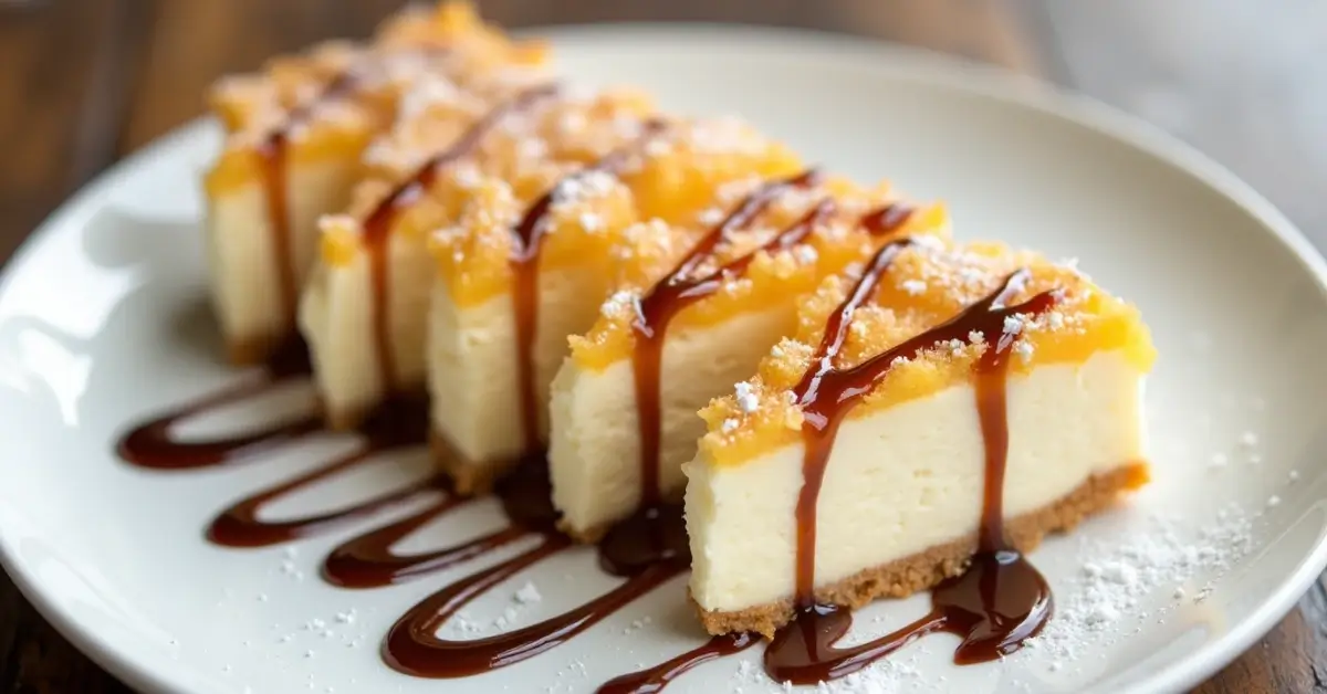 Tempura cheesecake slices with caramel drizzle and powdered sugar