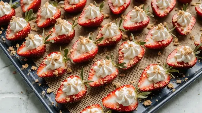 Strawberries filled with cheesecake cream and topped with graham cracker crumbs arranged on a tray.
