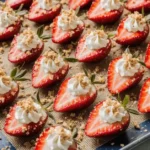 Strawberries filled with cheesecake cream and topped with graham cracker crumbs arranged on a tray.
