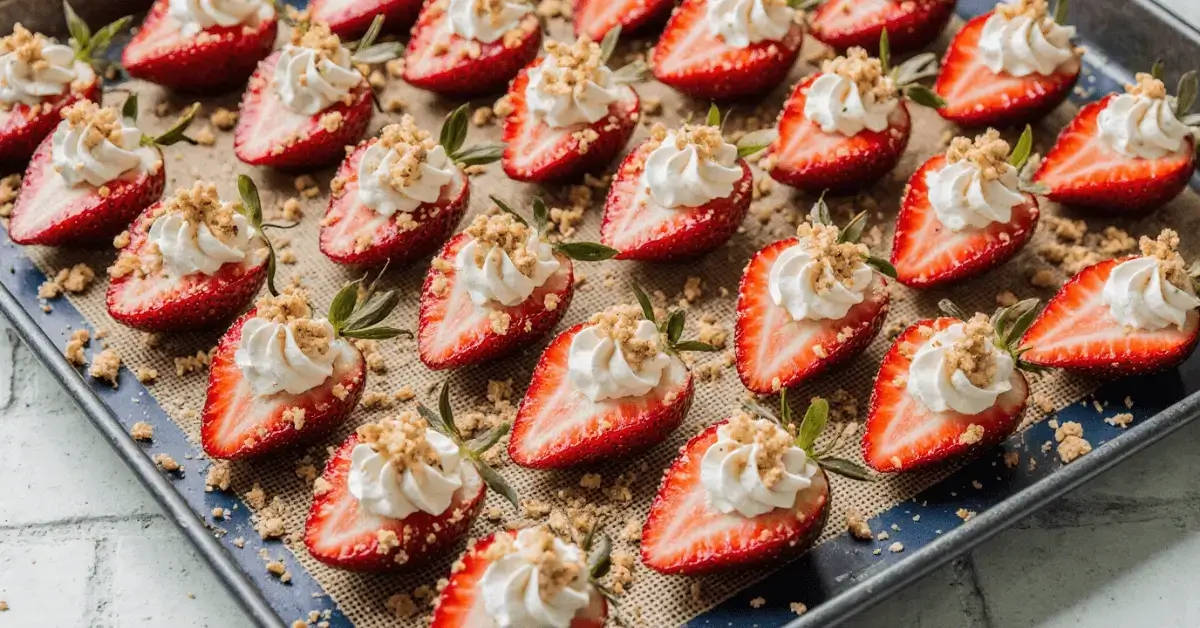 Strawberries filled with cheesecake cream and topped with graham cracker crumbs arranged on a tray.
