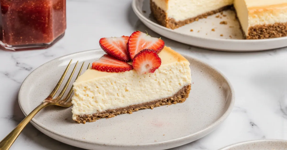 Slice of gluten free cheesecake with fresh strawberries on a graham crust, served on a ceramic plate with a fork.