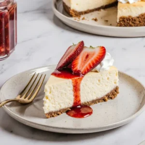 Slice of gluten-free cheesecake with strawberry sauce and whipped cream on a graham-style crust, plated with a gold fork.